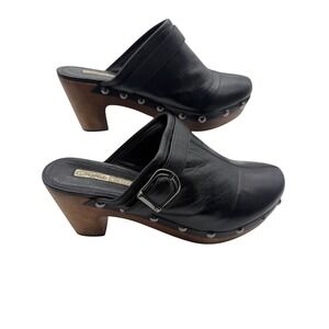 Buffalo London Black Leather Studded Wood Slip On Clog Mule Size 38